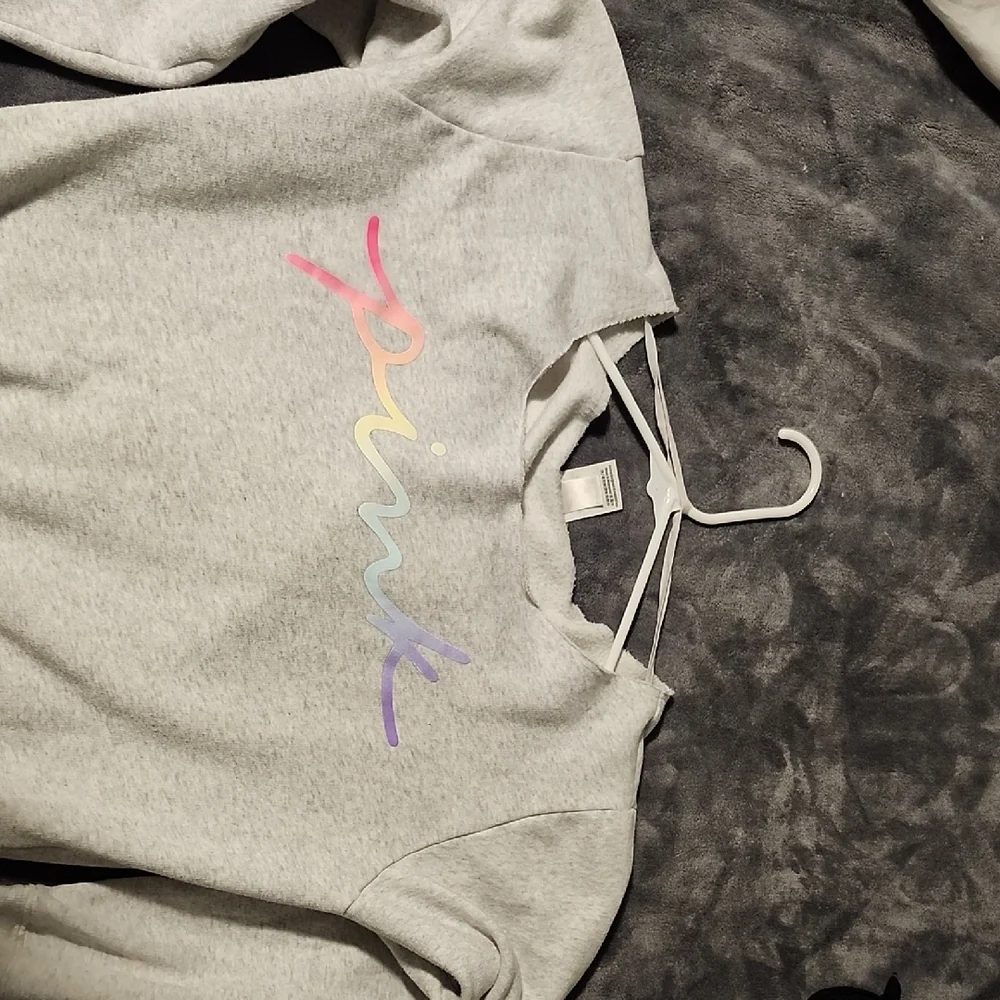 Victoria Secret Pink Grey Sweat Suit ( top And Bottoms) With Pastel Color "PINK" - Picture 2 of 11